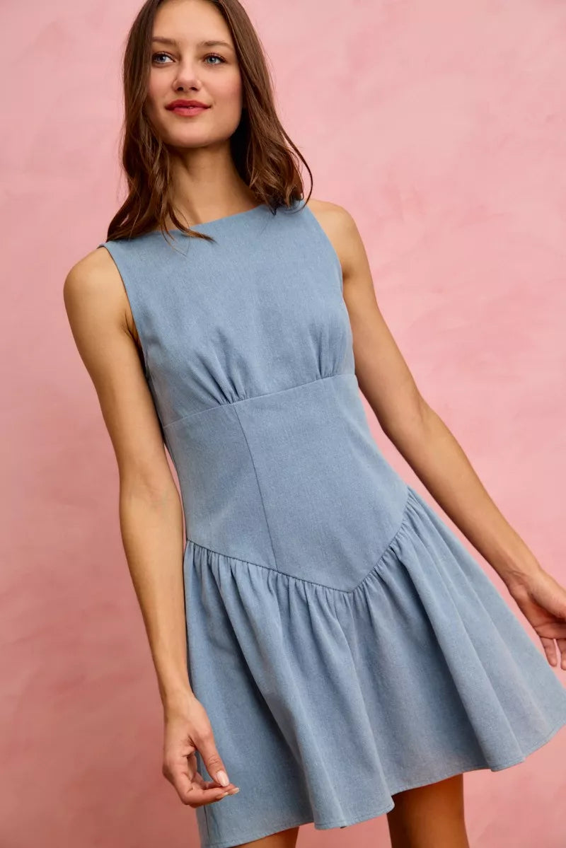 SO ME fit and flare sleeveless light blue denim mini dress