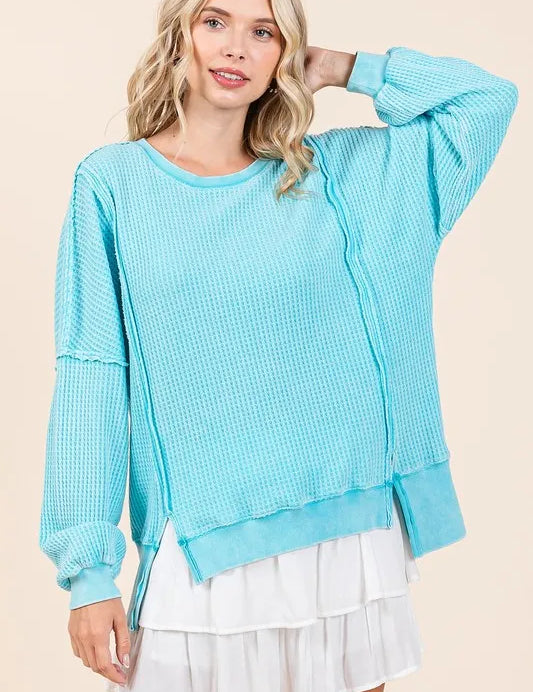 Pastel Blue Mittoshop Mineral Wash Waffle Long Sleeve Sweatshirt | Sweatshirts Daverri Fashions