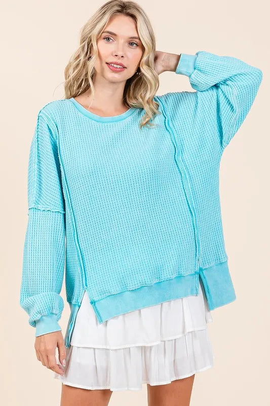 Mittoshop Mineral Wash Waffle Long Sleeve Sweatshirt Pastel Blue Sweatshirts