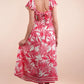 Woman in VERY J Tropical Printed Midi Summer Boho Dress with pink leaf print