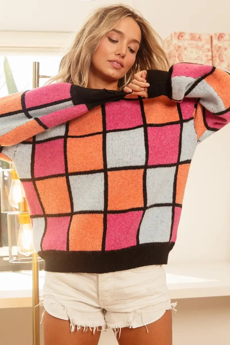 BiBi Multi Color Checker Pattern Sweater - DAVERRI FASHIONS