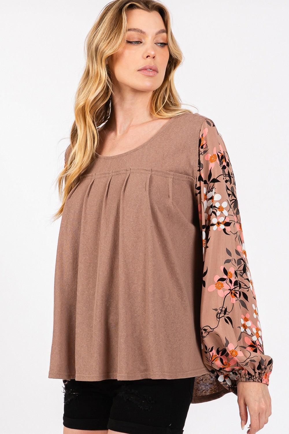SAGE + FIG Floral Long Sleeve Front Pleated Detail Blouse - DAVERRI FASHIONS