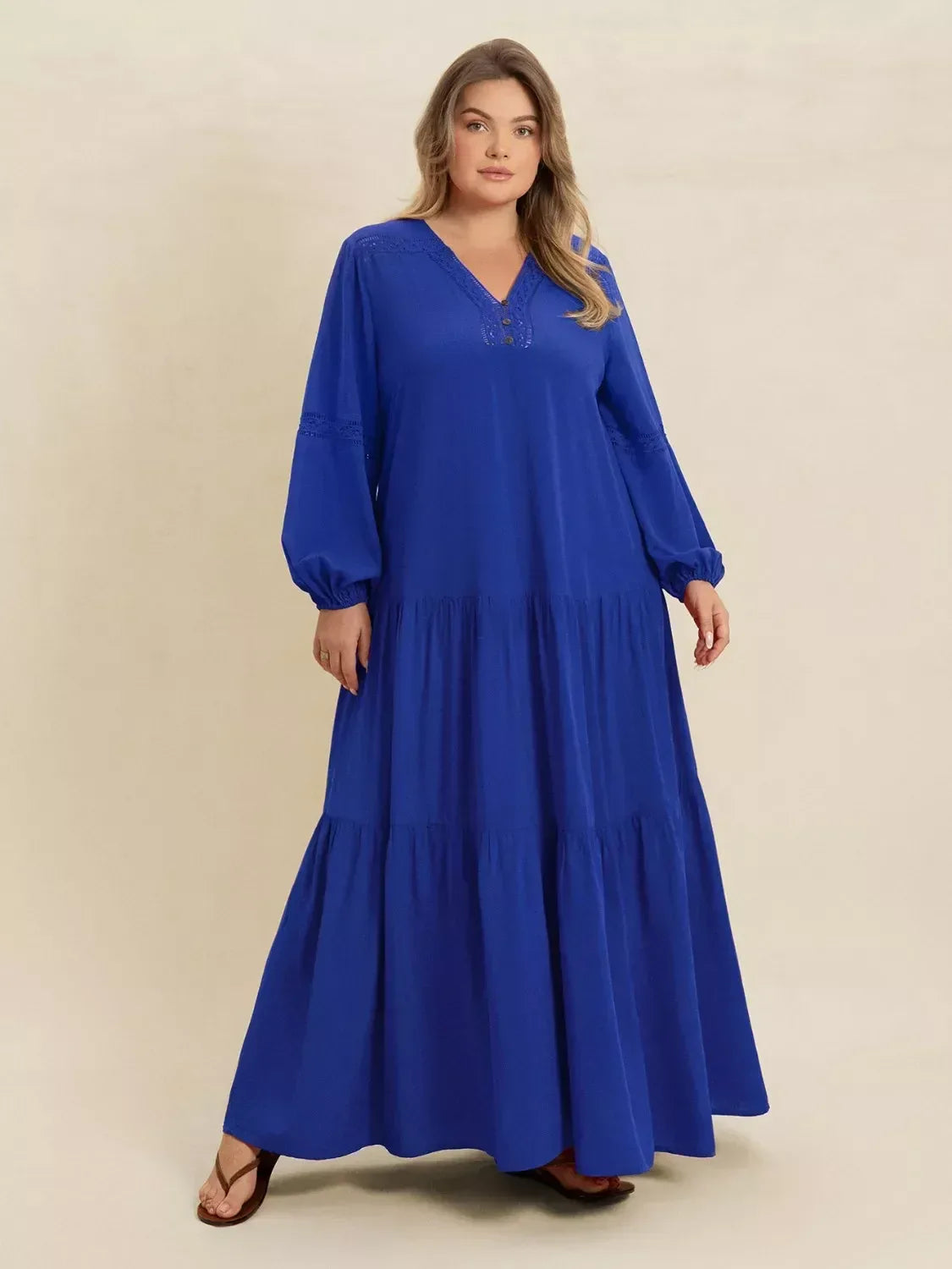 Plus Size Bohemian Tiered Maxi Dress with Balloon Sleeves - DAVERRI FASHIONS