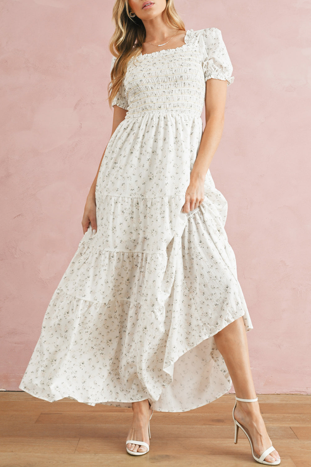 White Frill Neckline Shirred Bodice Floral Maxi Dress White Maxi Dresses