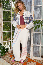 POL Button Down Lace Detail Floral Shacket with Contrast Plaid Patchwork | Shackets Daverri Fashions