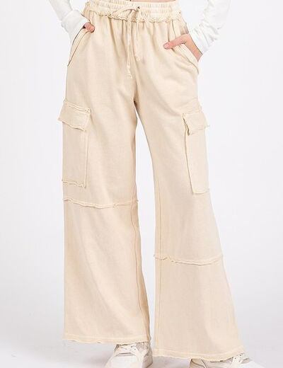 Mittoshop Mineral Wash Elastic Waist Cargo Wide Leg Pants Oatmeal