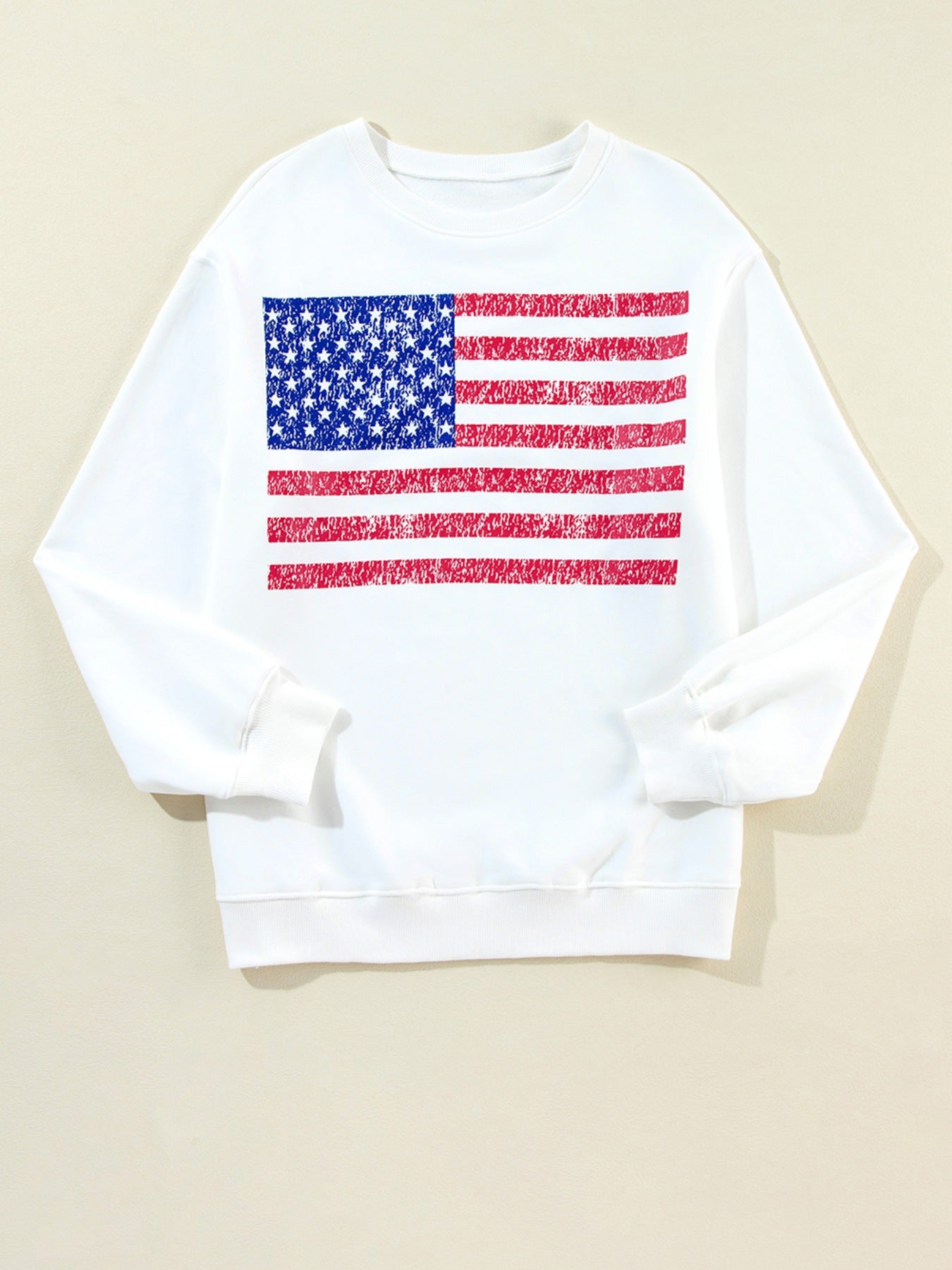 White American flag sweatshirt with textured blue stars and red stripes