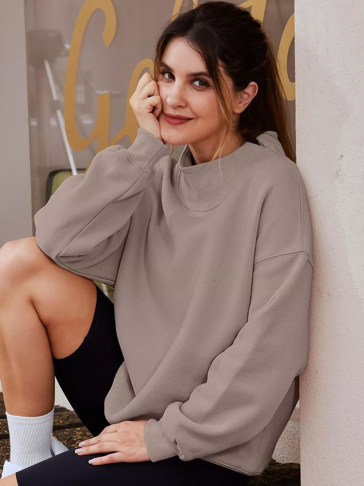 Cozy taupe mock neck dropped shoulder sweatshirt with ribbed cuffs