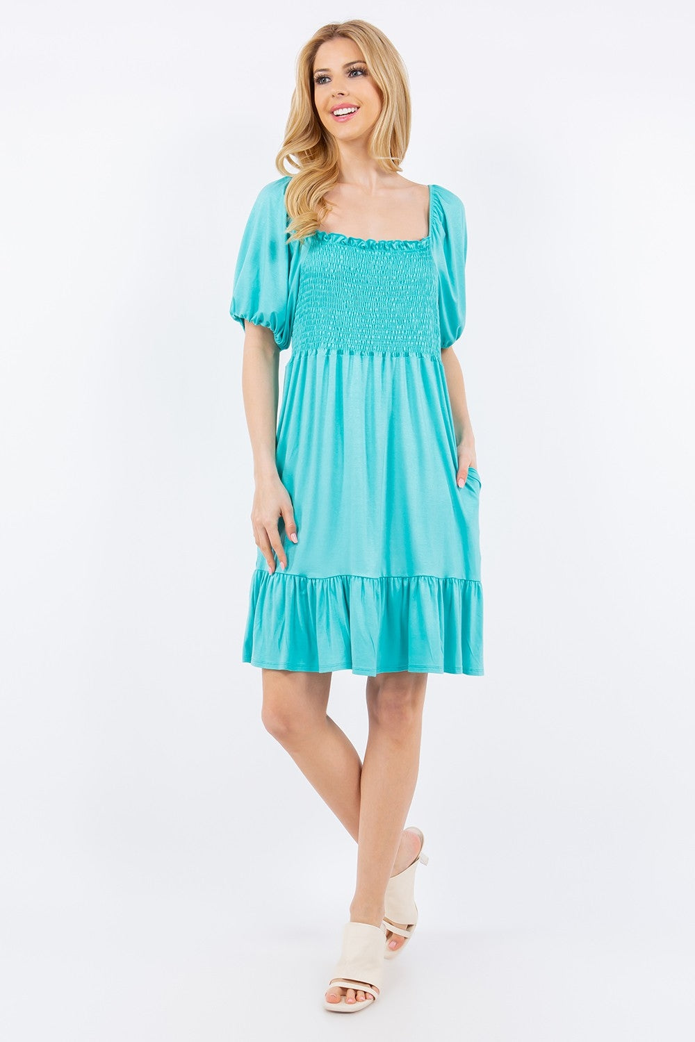 Celeste Full Size Smocked Square Neck Puff Sleeve Ruffle Hem Dress Plus Size Knee Length Dresses