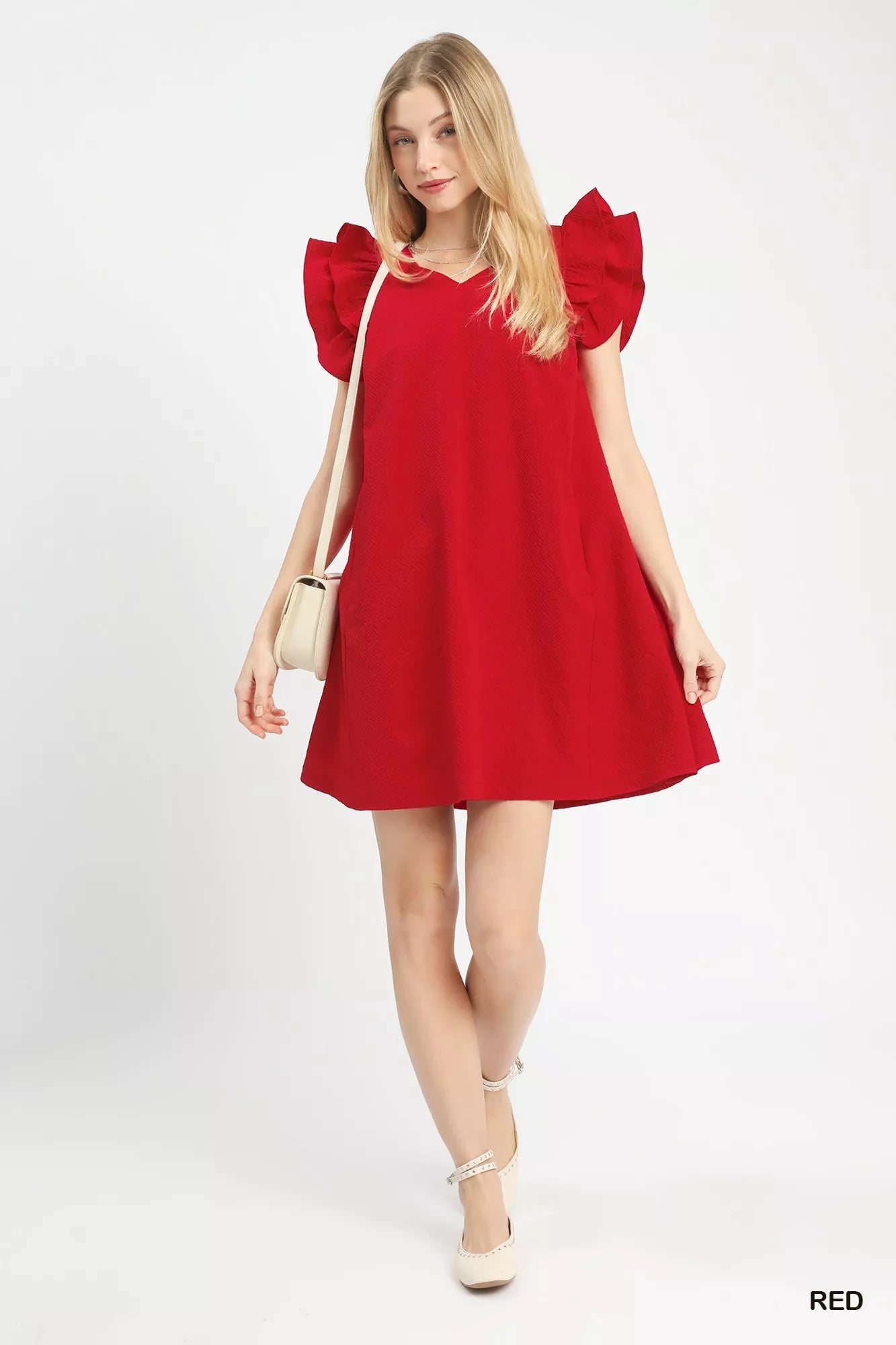 Vibrant red sleeveless Umgee Seersucker Ruffle Shift Dress with puffy shoulders