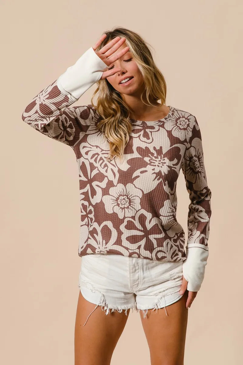 BiBi Flower Printed Waffle Thumb Opening Top Tops