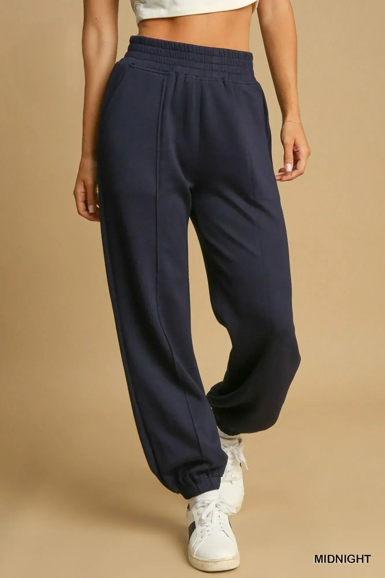 Umgee Drawstring Jogger Pants with Front Seam Detail Midnight - DAVERRI FASHIONS