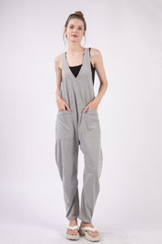 VERY J Plunge Sleeveless Jumpsuit with Pockets Grey M