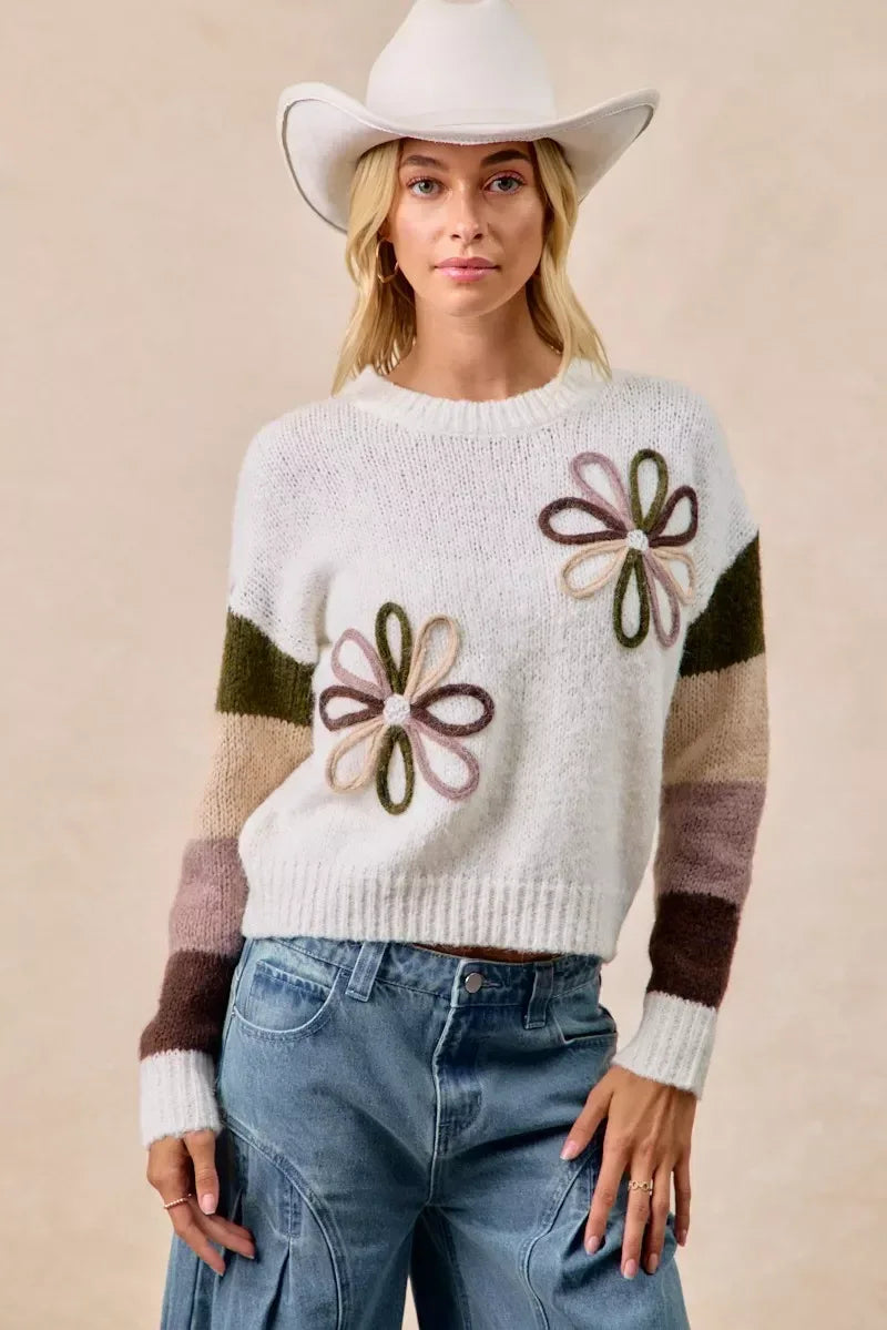 BiBi Flower Color Block Sweater - DAVERRI FASHIONS