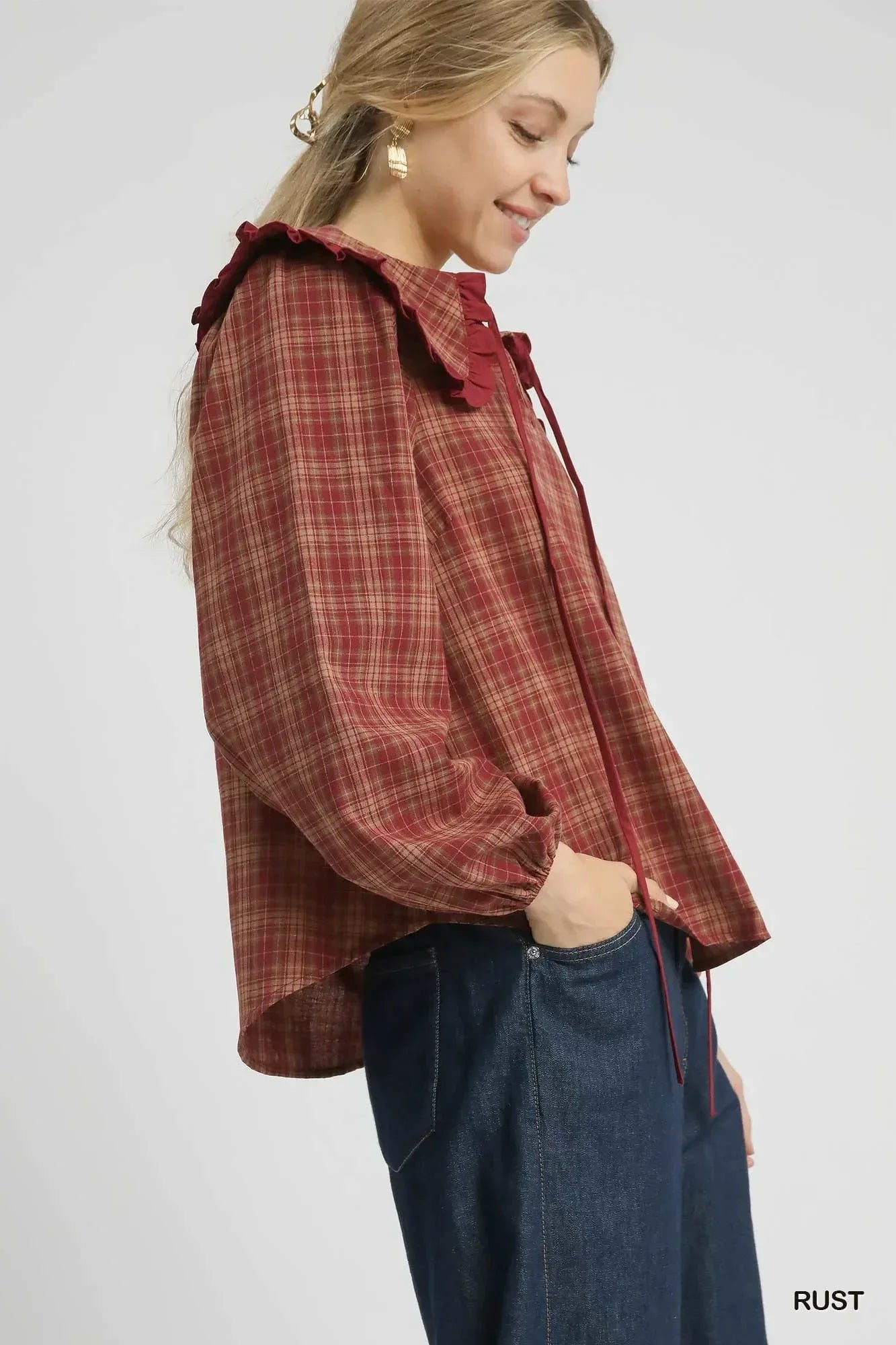 Umgee Full Size Plaid Ruffle Collar Blouse Plus Size - DAVERRI FASHIONS