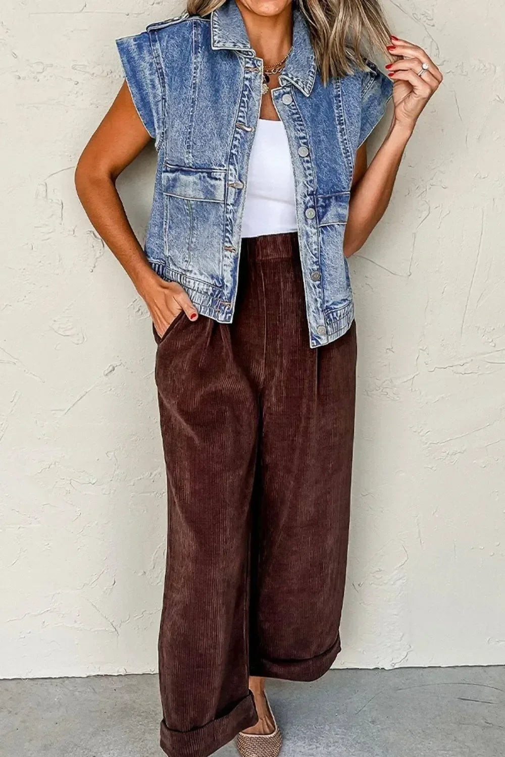 Button Up Cap Sleeve Denim Jacket - DAVERRI FASHIONS