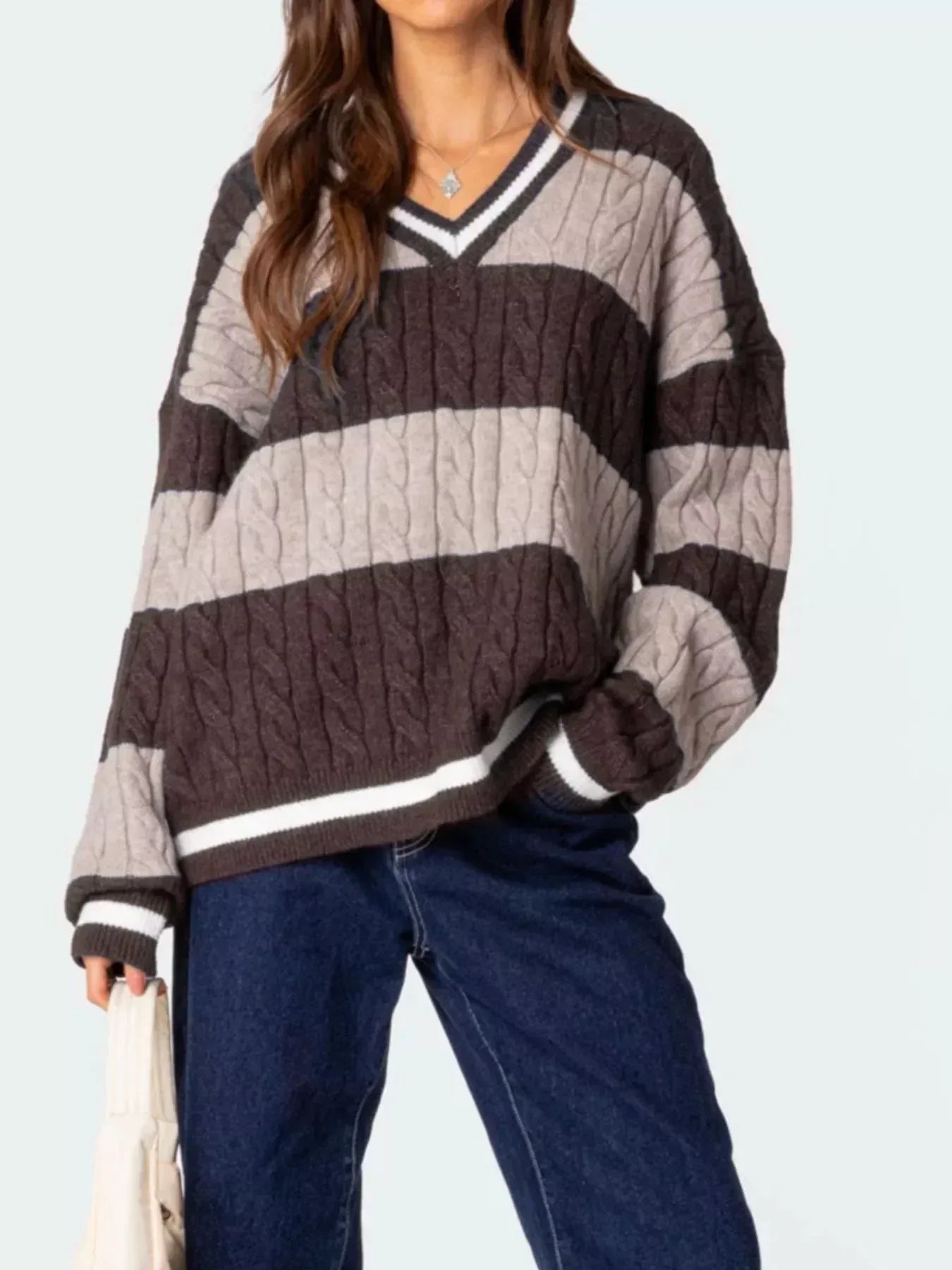 Striped Cable Knit V-Neck Sweater - DAVERRI FASHIONS