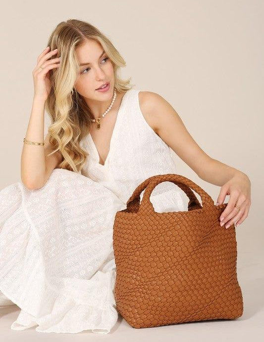 Vegan Leather Woven Tote Bag BROWN medium Handbags