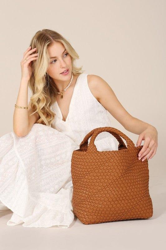 Vegan Leather Woven Tote Bag BROWN medium Handbags