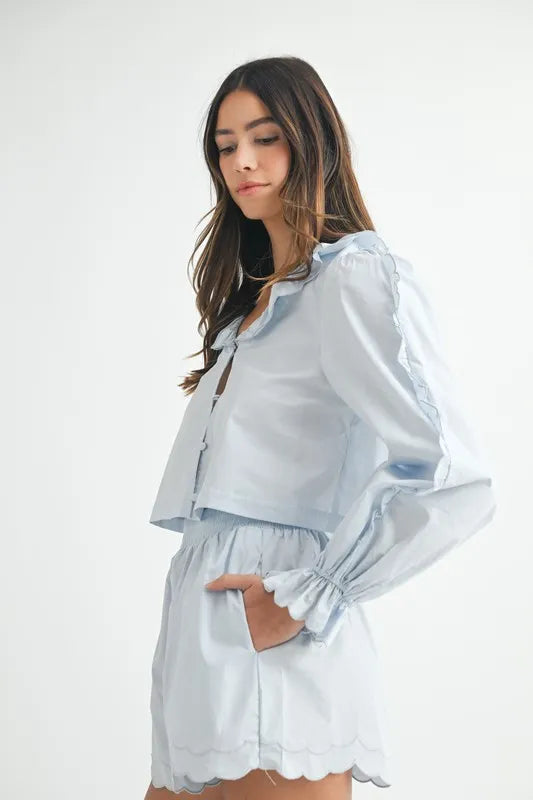 MABLE Long Sleeve Scallop Blouse and Shorts Set Outfit Sets