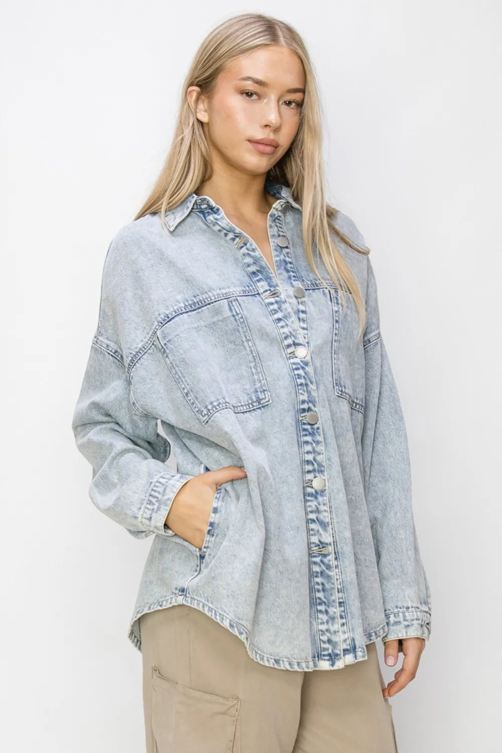 RISEN Button Up Long Sleeve Shacket L | Shackets Daverri Fashions