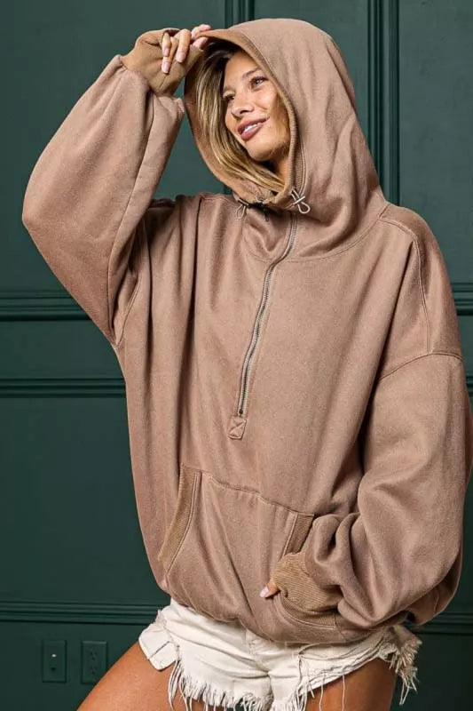 BiBi Stitch Detailed Elastic Hem Half Zip Fleece Hoodie Mocha | Hoodies Daverri Fashions
