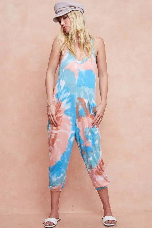 BiBi Tie Dye Knit Mid-length Casual Jumpsuit Jumpsuits