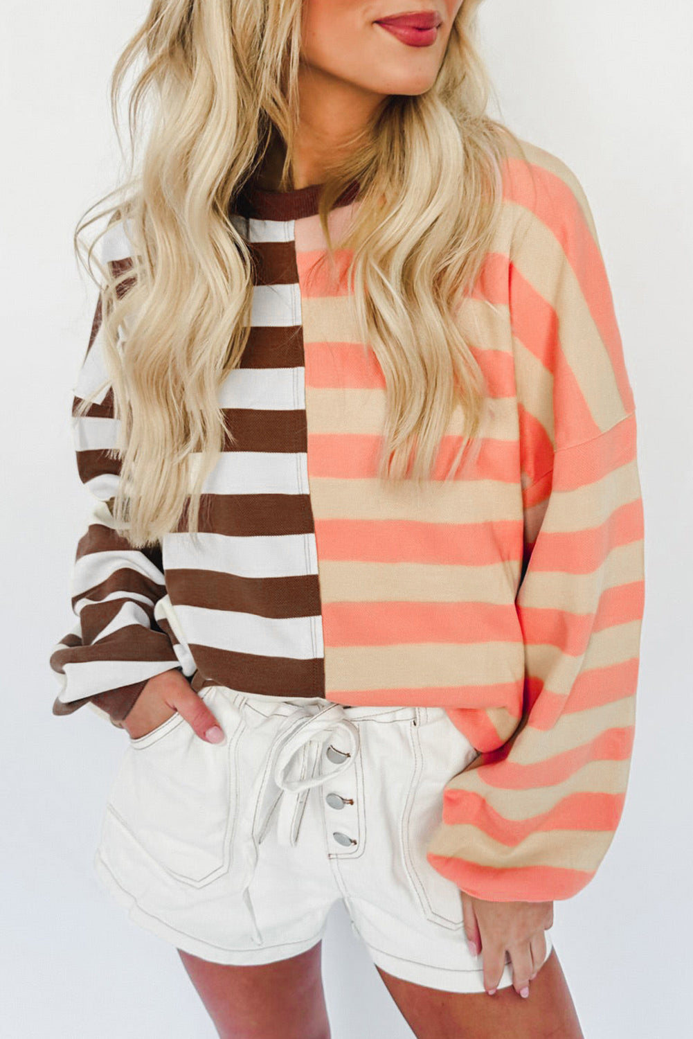 Brown Stripe Color Block Drop Shoulder Pullover Sweatshirt | Sweatshirts Daverri Fashions