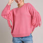 Umgee Full Size Fringe Round Neck Long Sleeve Sweater Hot Pink M