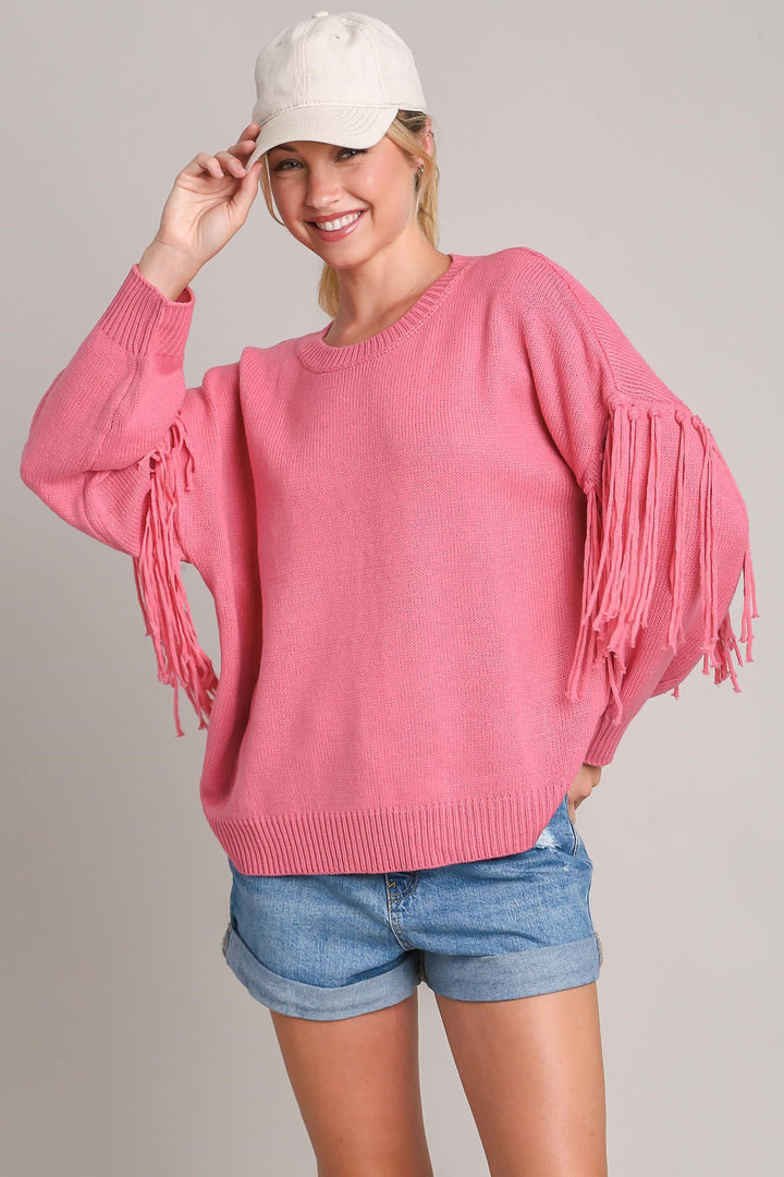 Umgee Full Size Fringe Round Neck Long Sleeve Sweater Hot Pink