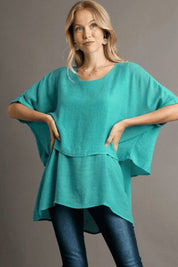 Umgee Turquoise Cuffed Half Sleeve Layered Blouse Turquoise Blouses