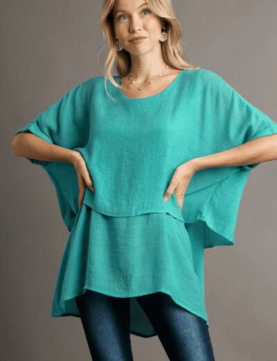 Umgee Turquoise Cuffed Half Sleeve Layered Blouse Turquoise Blouses