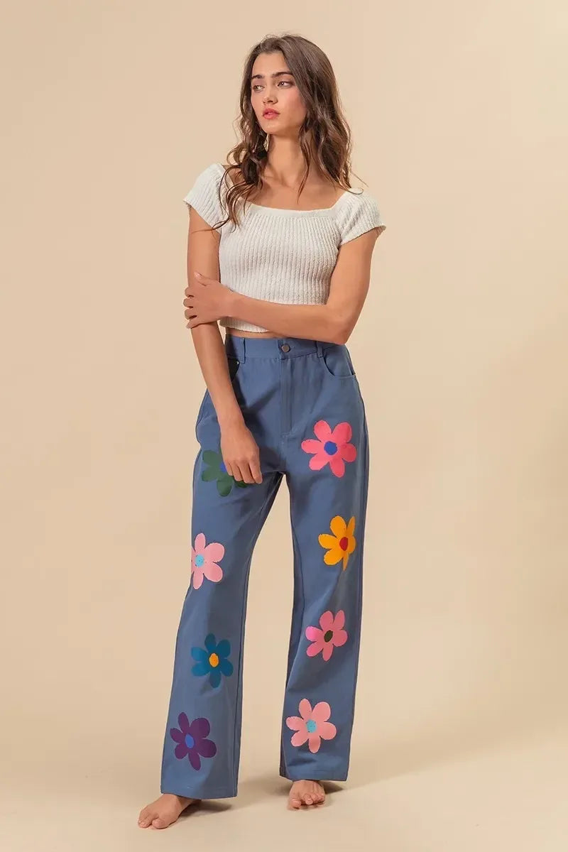 BiBi Flower Print Straight Legs Pants - DAVERRI FASHIONS