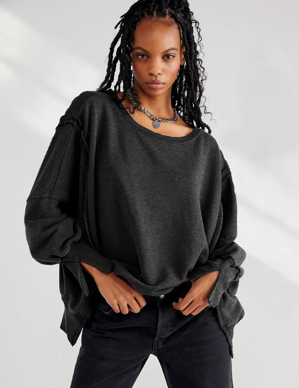 Black Slit Round Neck Dropped Shoulder Sweatshirt | Sweatshirts Daverri Fashions