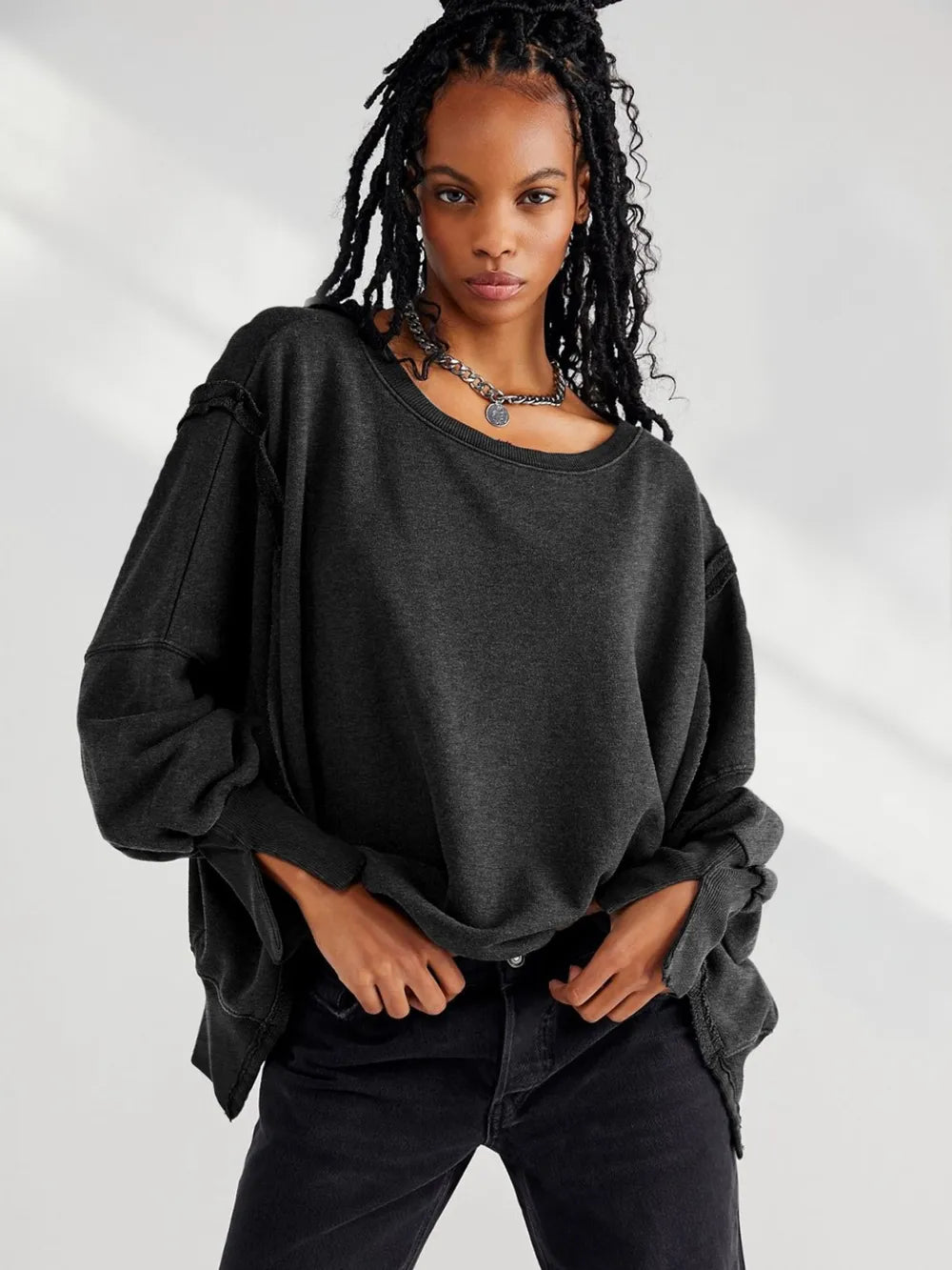 Black Slit Round Neck Dropped Shoulder Sweatshirt | Sweatshirts Daverri Fashions