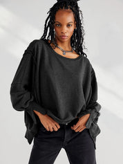 Black Slit Round Neck Dropped Shoulder Sweatshirt | Sweatshirts Daverri Fashions