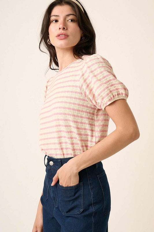 Mittoshop Contrast Striped Short Puff Sleeve Knit Top