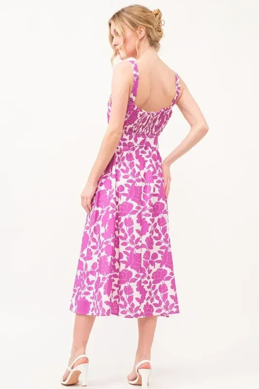 And The Why Square Neck Belted Floral Printed Midi Dress - DAVERRI FASHIONS