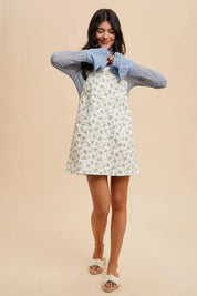 Annie Wear Stretch Ditsy Print Denim Overall Mini Dress | Daverri Fashions