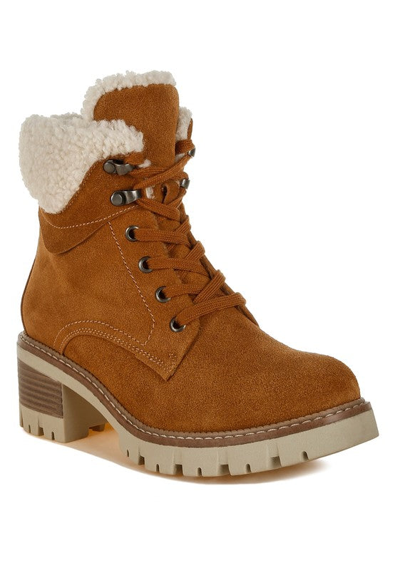 Tan Madoka Fur Collar Chunky Ankle Boots | Boots Daverri Fashions