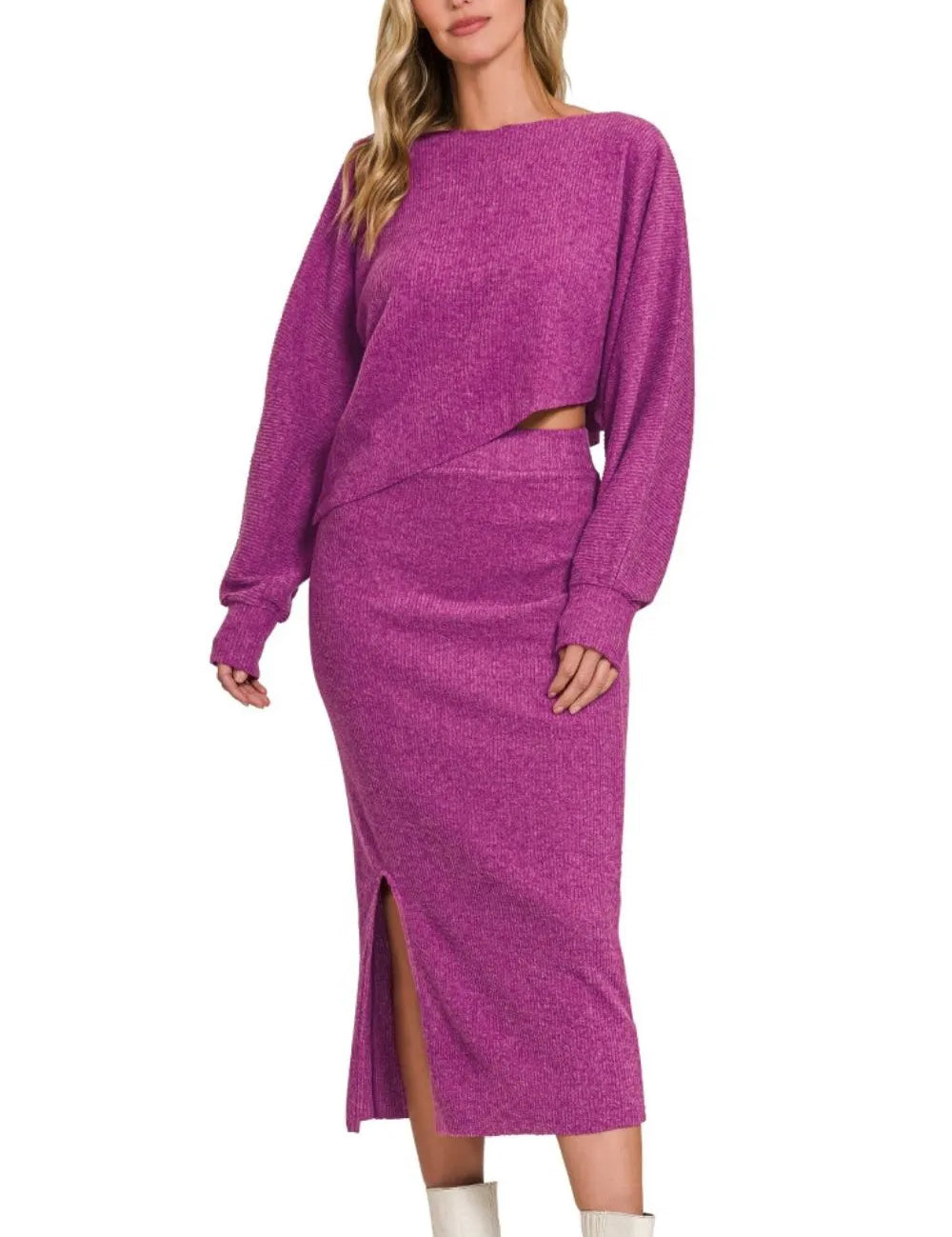 Zenana Ribbed Asymmetric Hem and Sleeve Top & Skirt Set | Outfit Sets Daverri Fashions