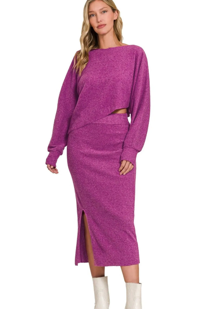 Zenana Ribbed Asymmetric Hem and Sleeve Top & Skirt Set Outfit Sets