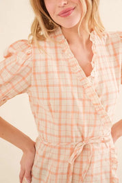 And The Why Plaid Patterned and Ruffled Wrap Blouse Top | Daverri Fashions