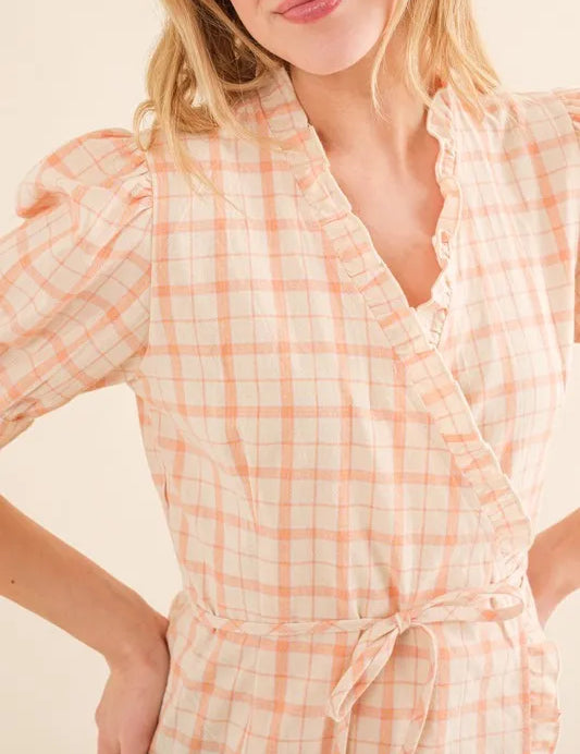 And The Why Plaid Patterned and Ruffled Wrap Blouse Top | Daverri Fashions