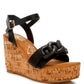 Black leather Emelda wedge sandal with cork platform and chain strap