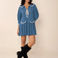 Blue pleated mini dress with Peter Pan collar and tie front