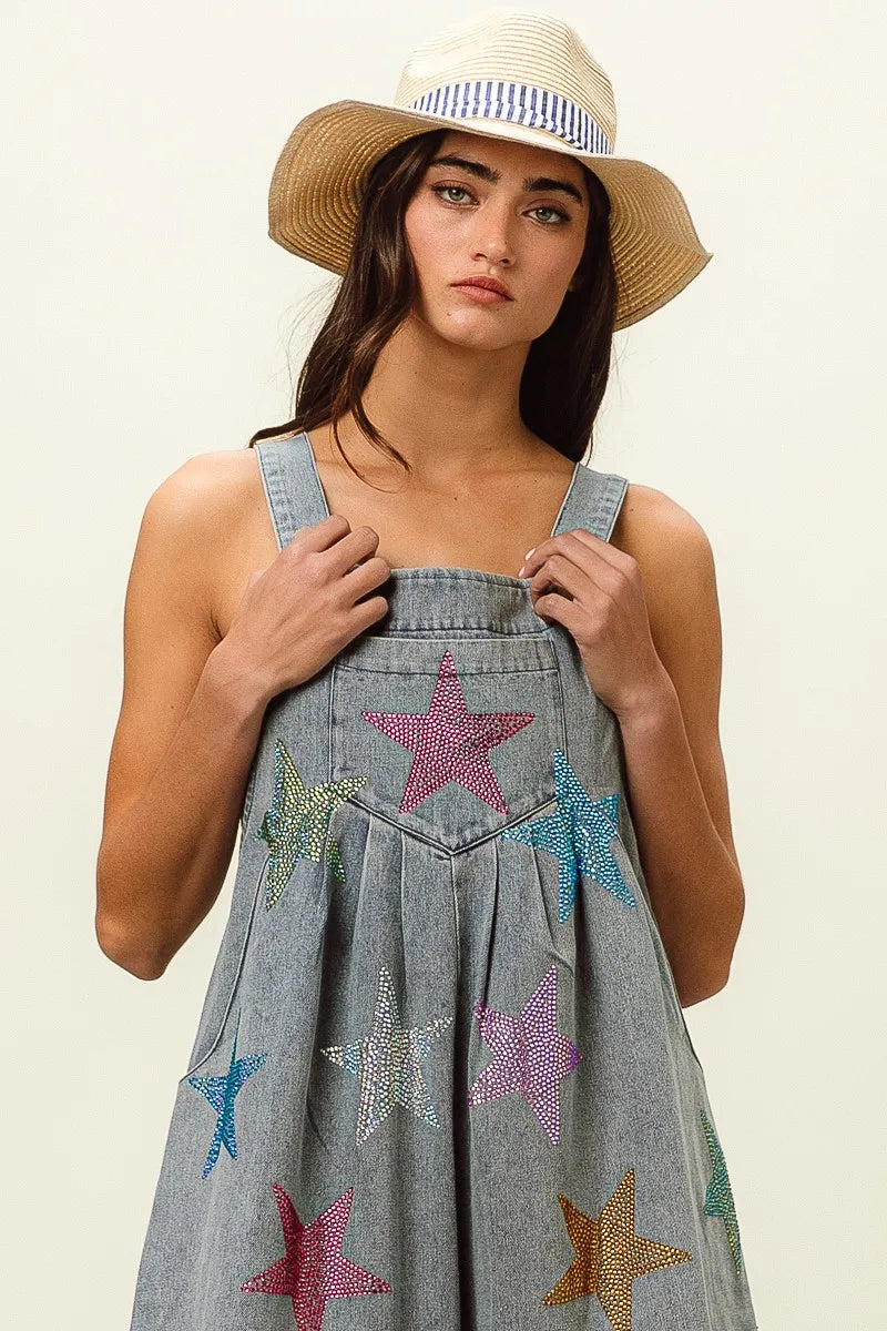 BiBi Star Rhinestone Washed Wide Leg Shortalls Shortalls