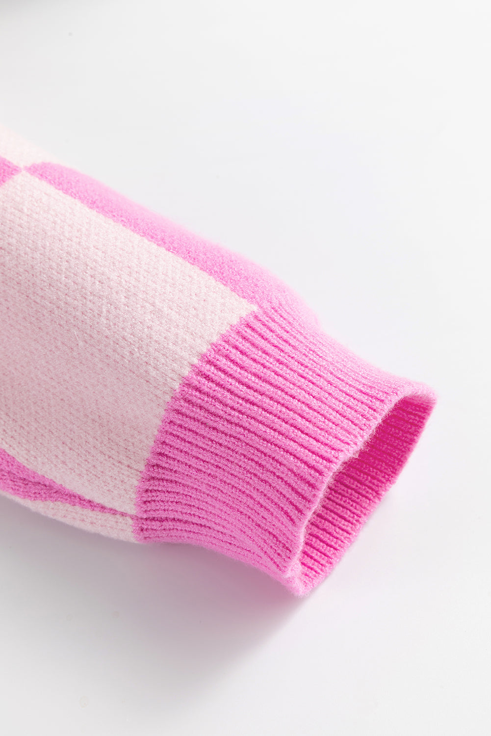 Pink Checkerboard Half Button Collared Drop Shoulder Sweater | Sweaters & Cardigans/Sweaters Daverri Fashions