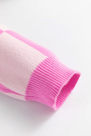 Pink Checkerboard Half Button Collared Drop Shoulder Sweater | Sweaters & Cardigans/Sweaters Daverri Fashions