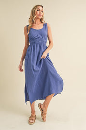 Aemi + Co Side Slit Round Neck Sleeveless Tank Dress Dusty Blue Tank Dresses